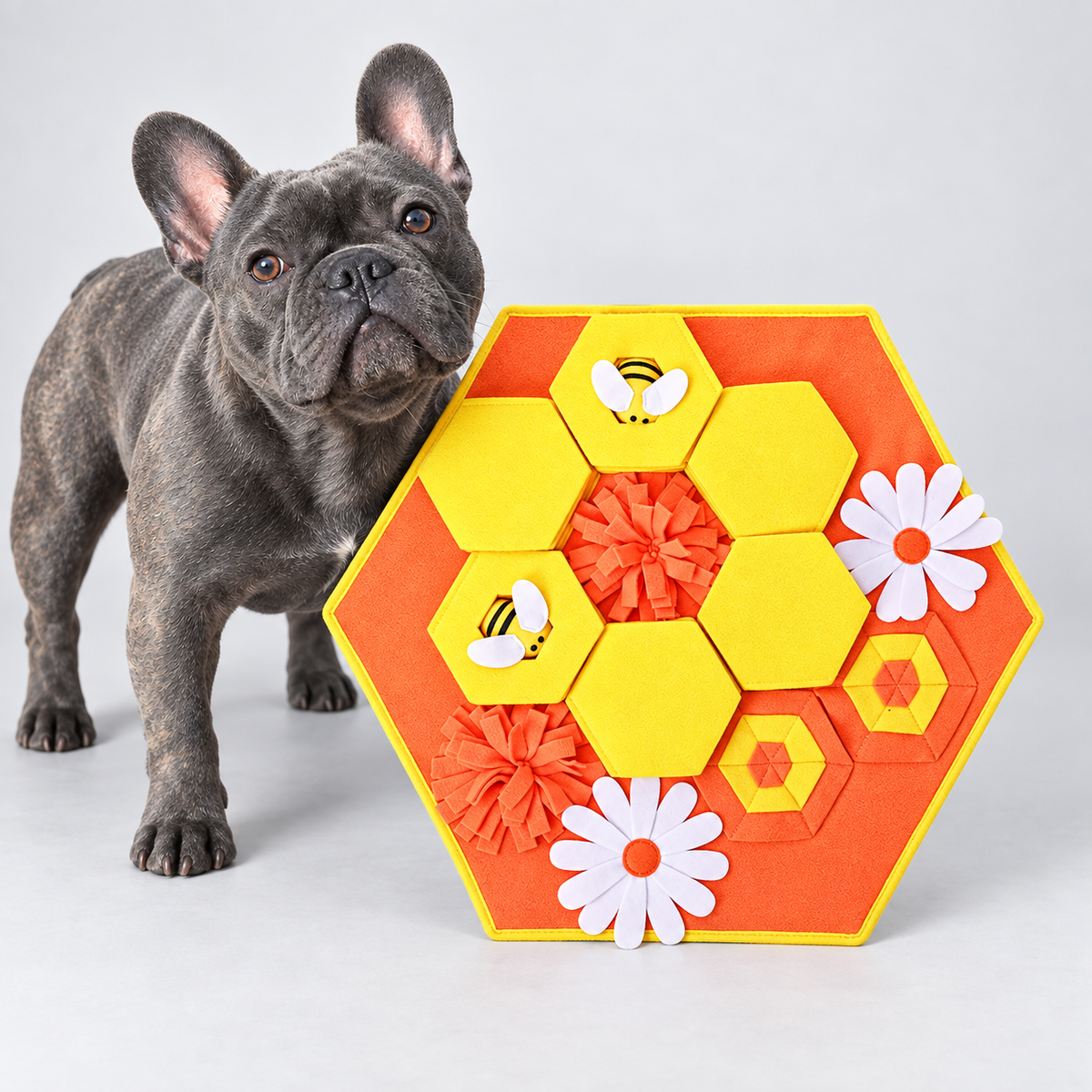 Beehive French Bulldog Snuffle Mat — Orange studio photo