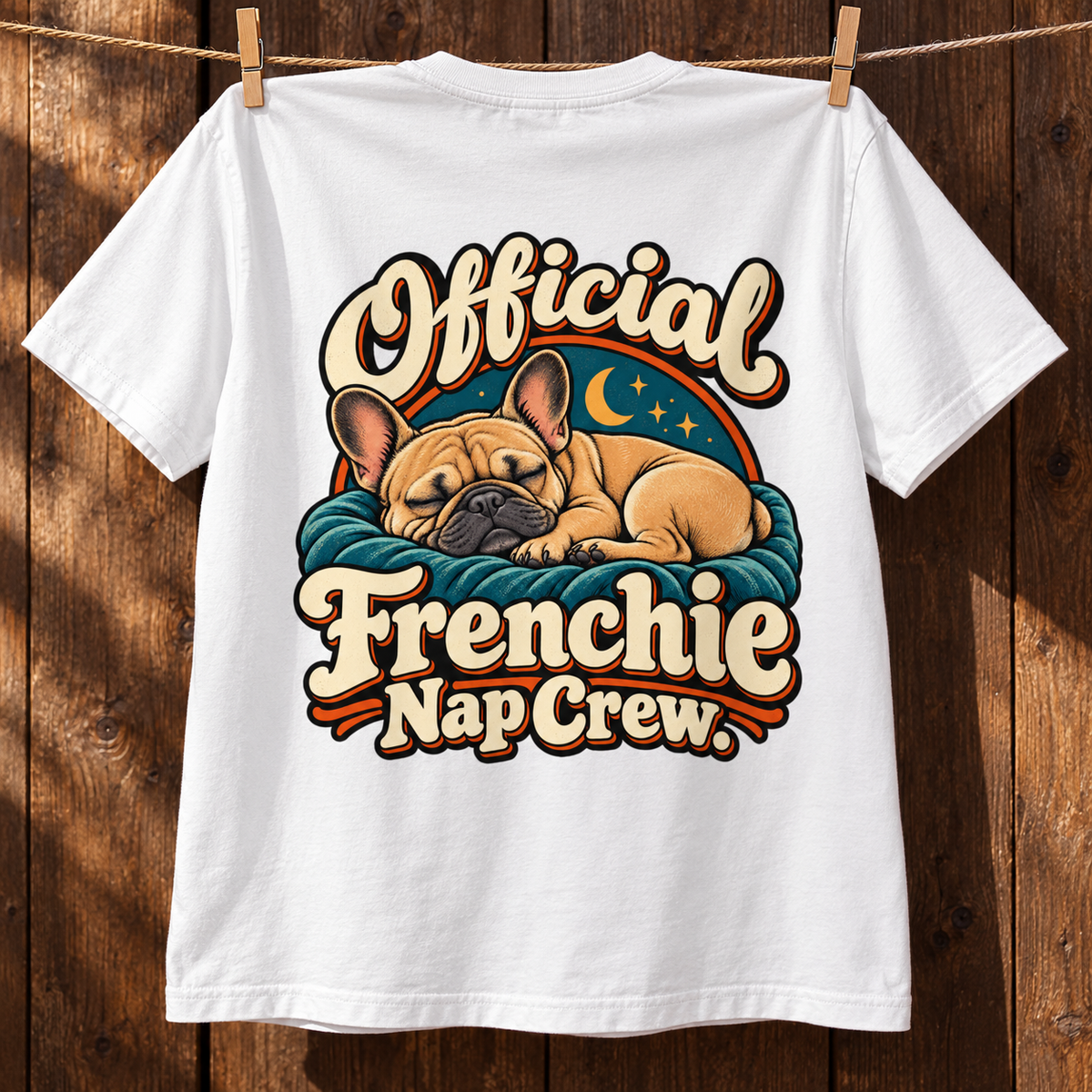 Close-up of Official Frenchie Nap Crew. artwork on the back of a white cotton T-shirt
