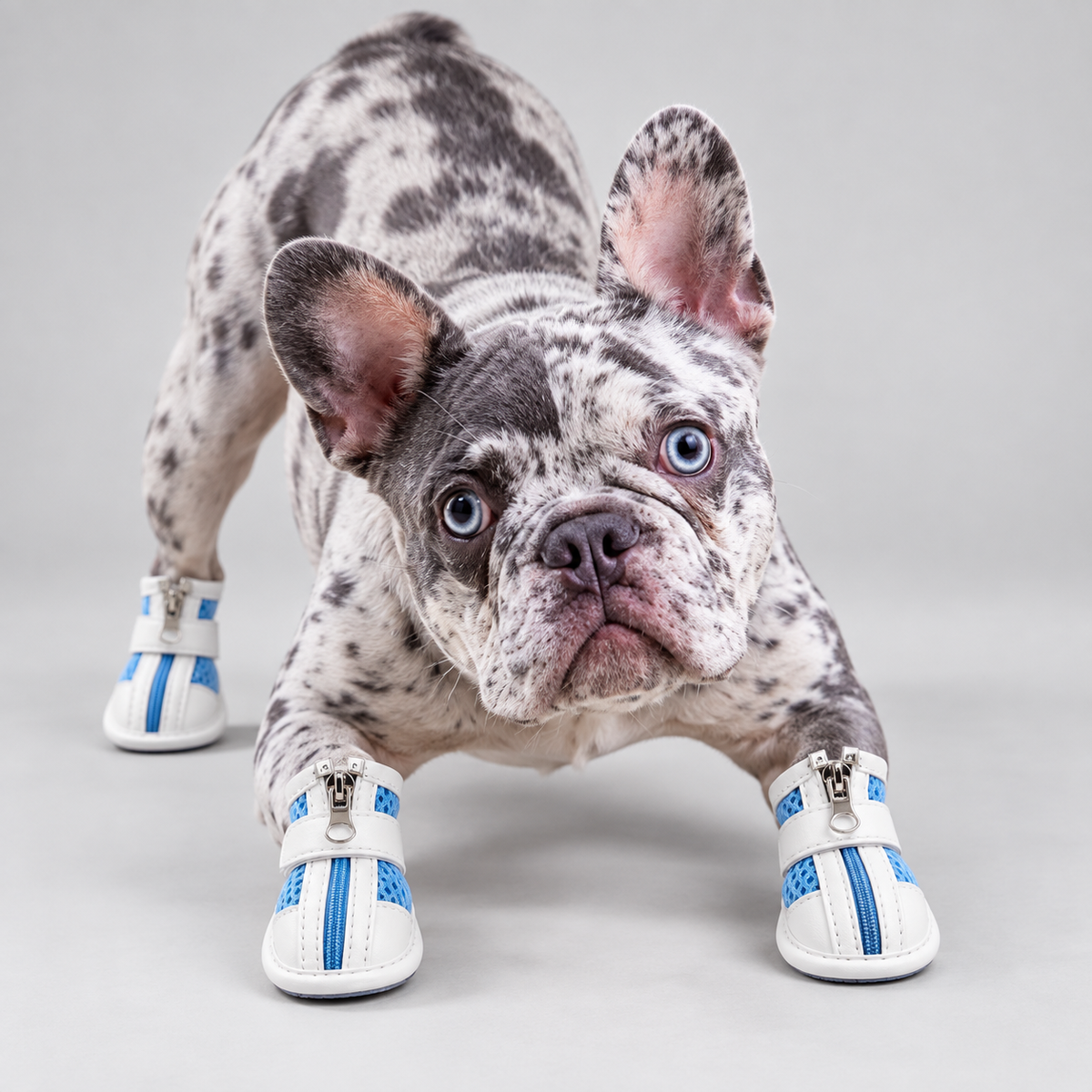 Merle French Bulldog wearing blue breathable dog boots in front play pose