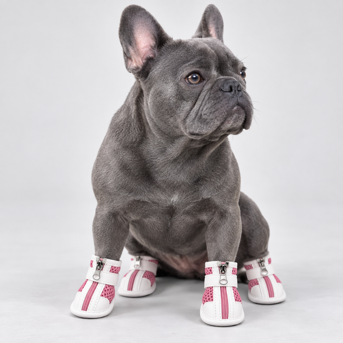 Blue French Bulldog wearing pink breathable dog boots in seated front view