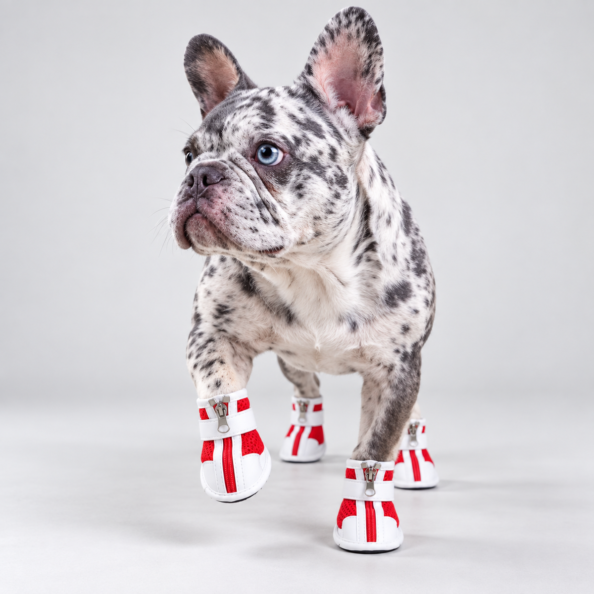 Merle French Bulldog wearing red breathable dog boots in front view