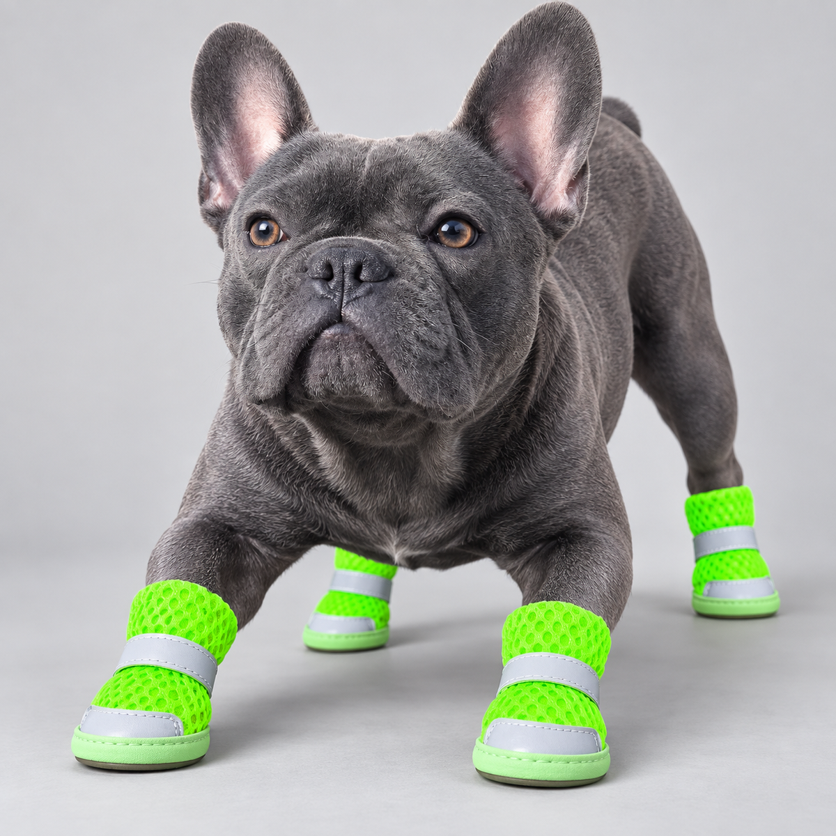 Blue French Bulldog wearing neon green reflective mesh dog boots in play pose