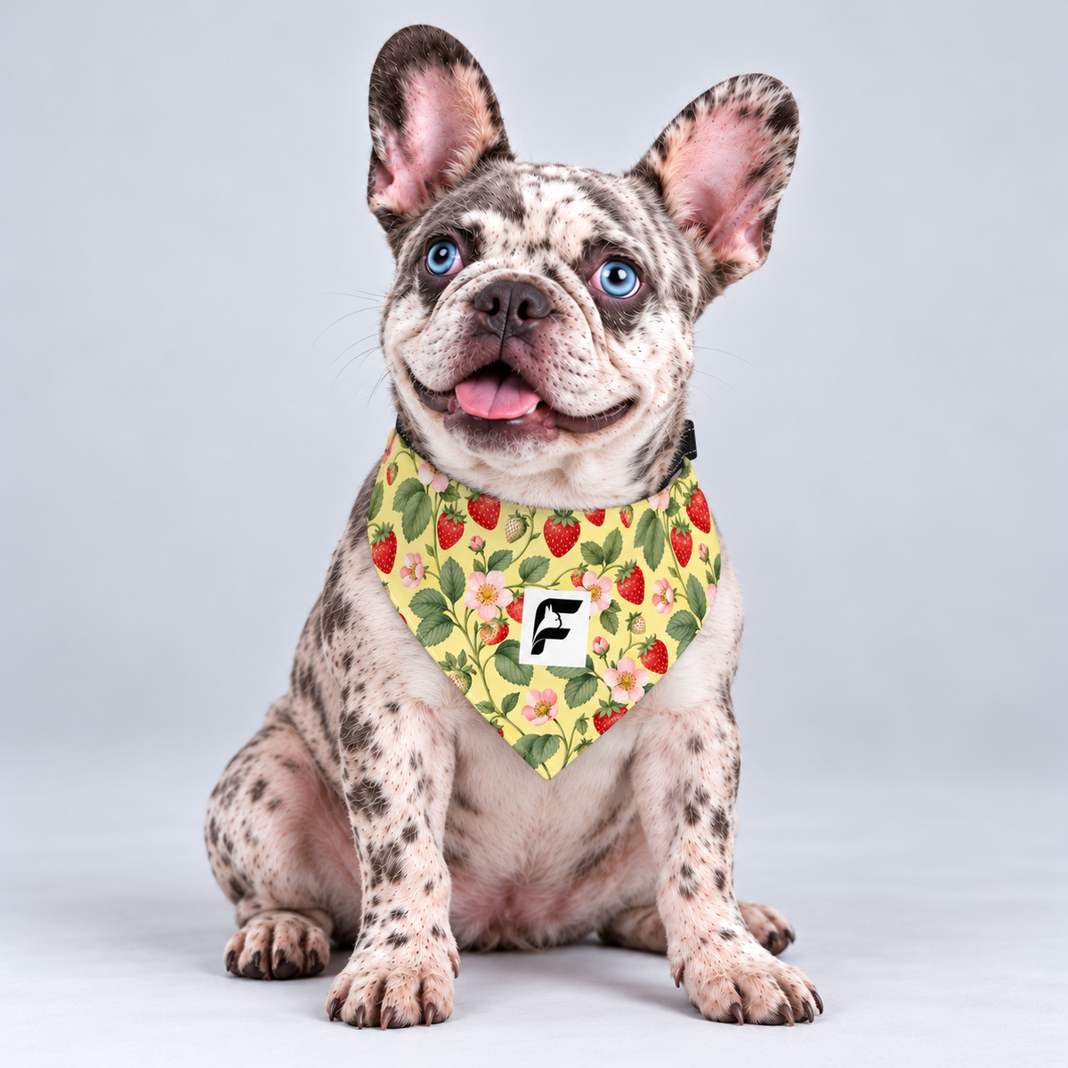 Strawberry Patch double-sided buckle bandana, front view on our Frenchie model