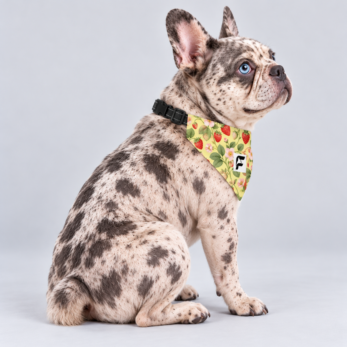 Strawberry Patch double-sided buckle bandana, side view on our Frenchie model