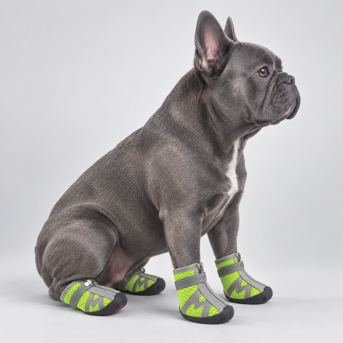 Blue French Bulldog seated in side profile wearing green breathable Bullevard boots