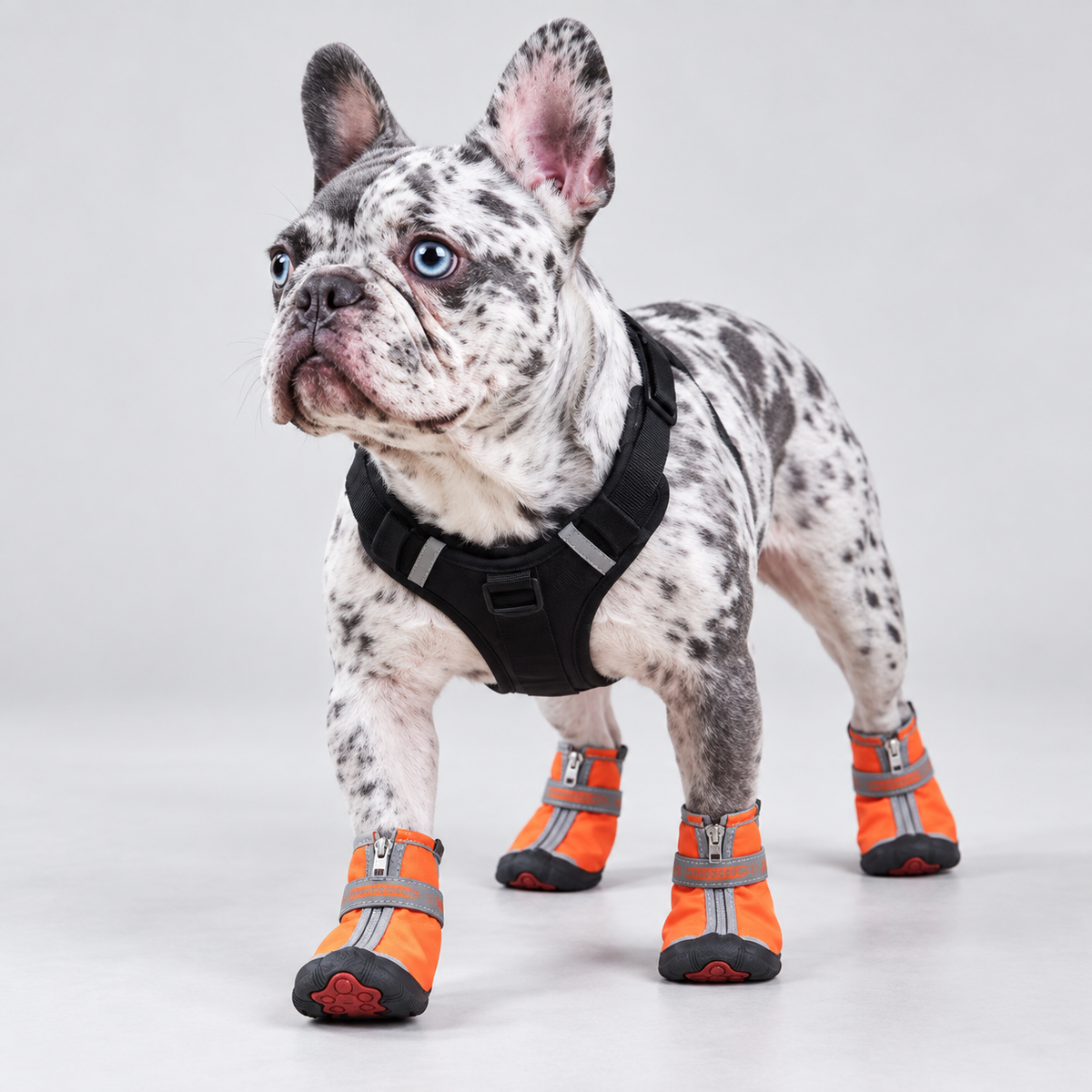 Merle French Bulldog facing forward in orange waterproof reflective dog boots
