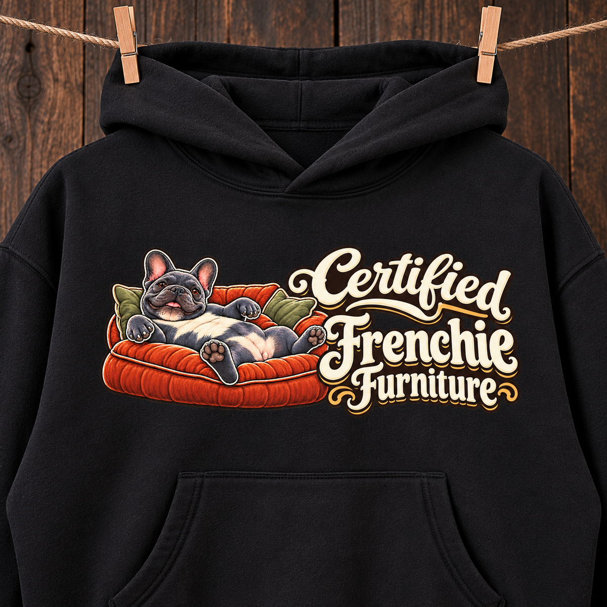 Close-up of the Certified Frenchie Furniture front print on a black French Bulldog hoodie.