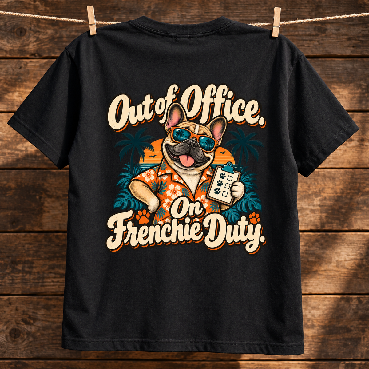 Close-up of Out of Office. On Frenchie Duty. artwork on the back of a black cotton T-shirt