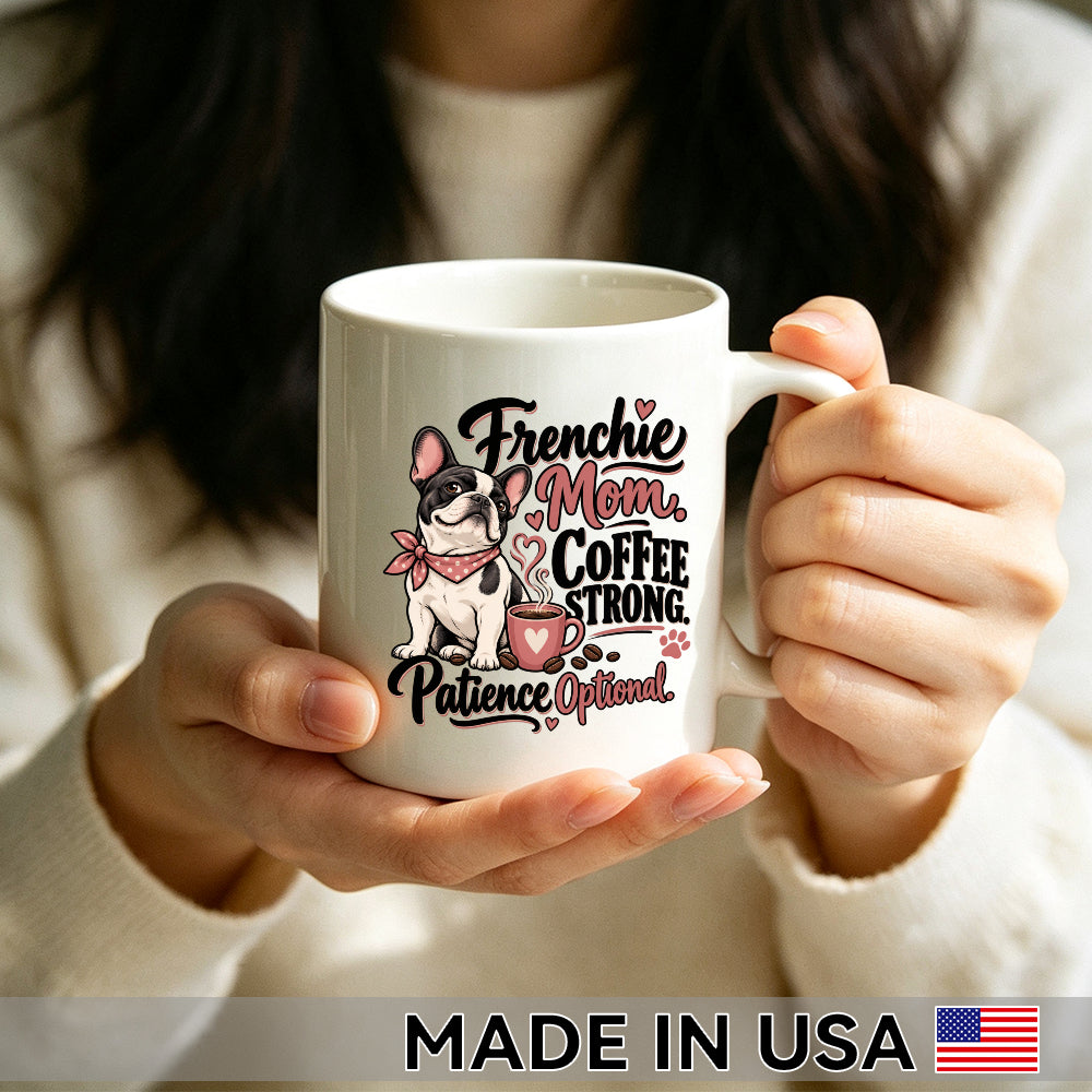 Frenchie Mom. Coffee Strong. Patience Optional. — French Bulldog Coffee Mug