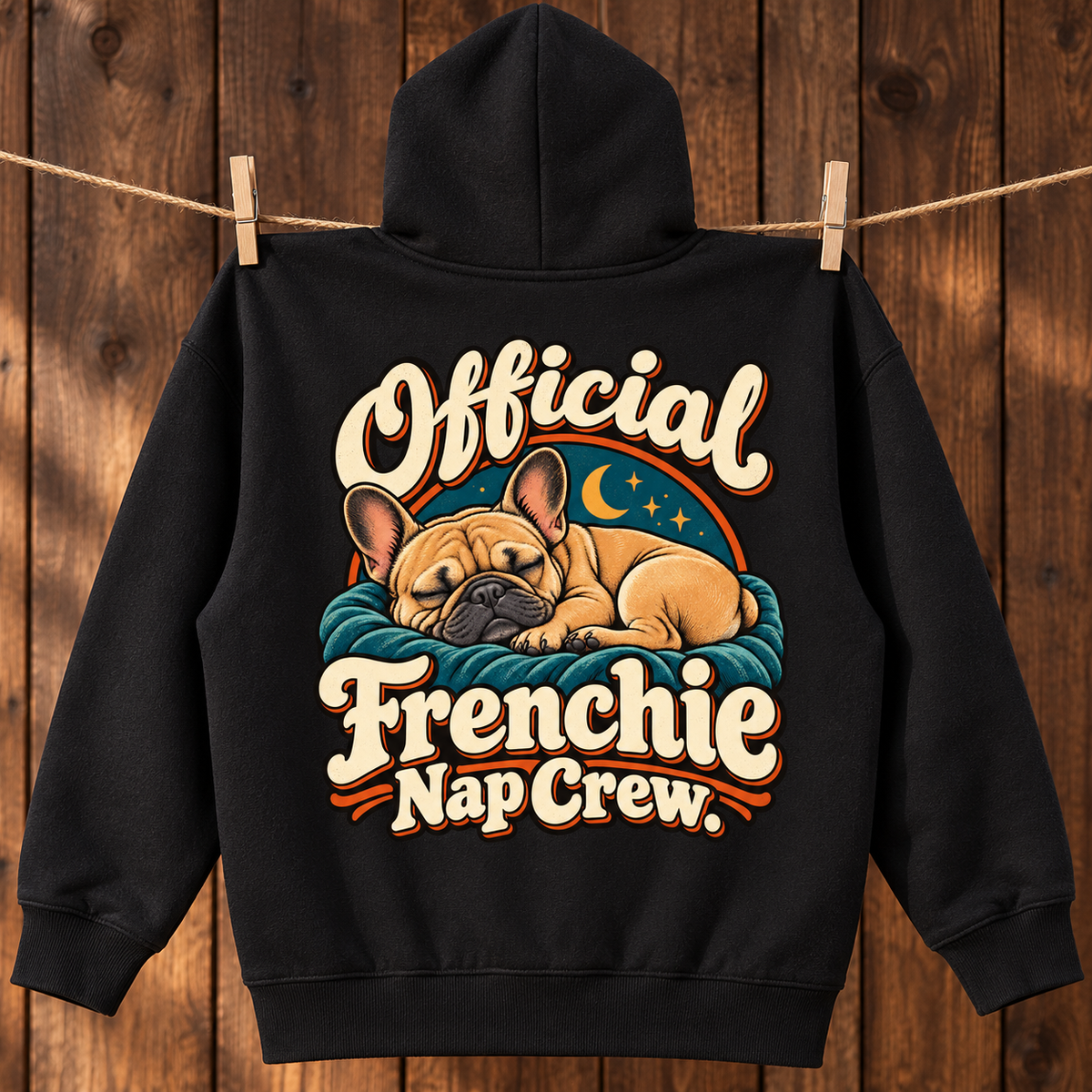 Woman wearing a black French Bulldog hoodie with the Official Frenchie Nap Crew back print.