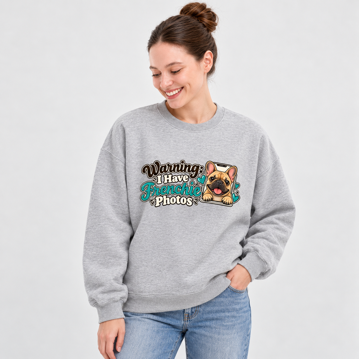 Model wearing a flower gray French Bulldog sweatshirt with Warning: I Have Frenchie Photos on the front