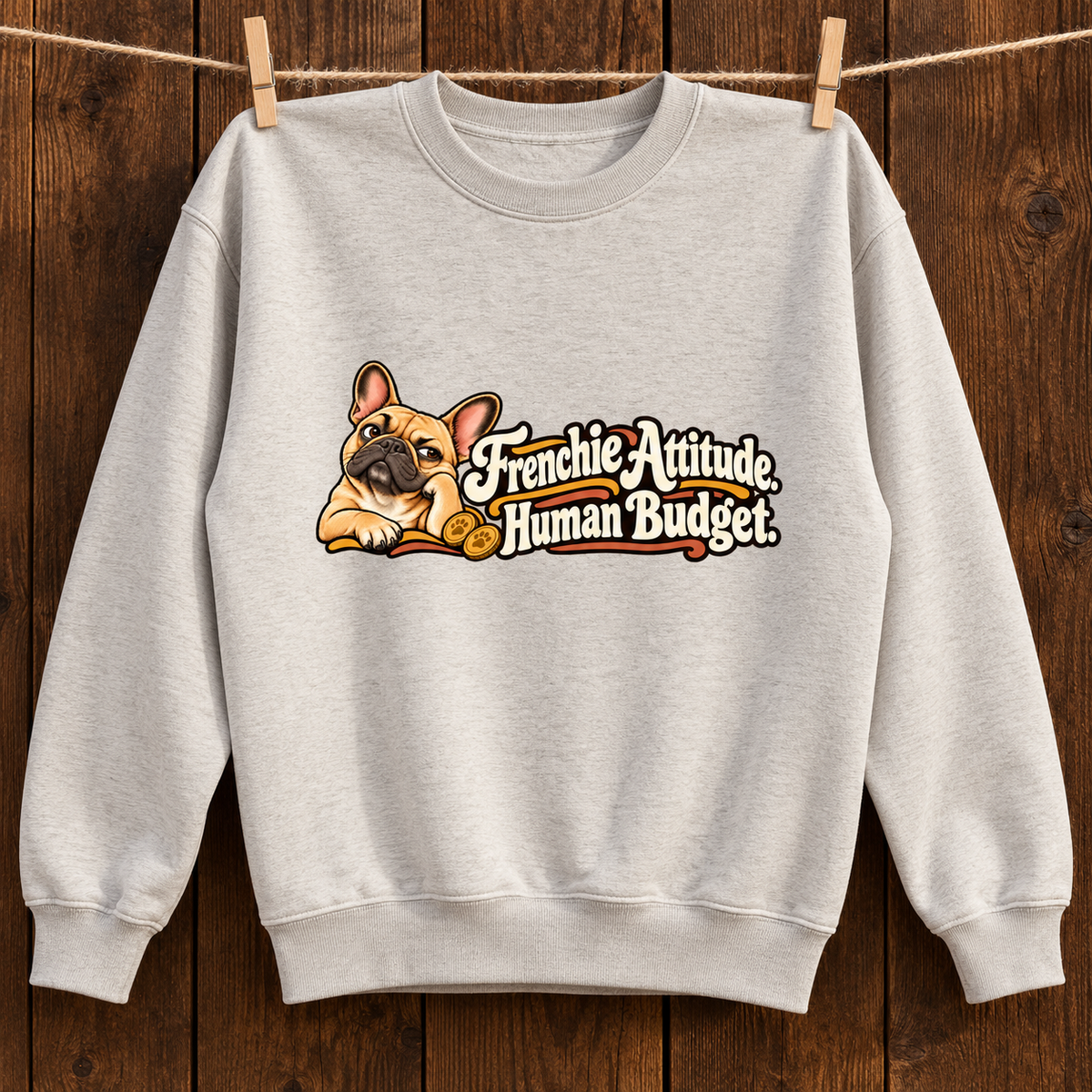 Model wearing a oat gray French Bulldog sweatshirt with Frenchie Attitude. Human Budget. on the front