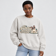 Model wearing a oat gray French Bulldog sweatshirt with My Frenchie Has Plans for My Plans on the front