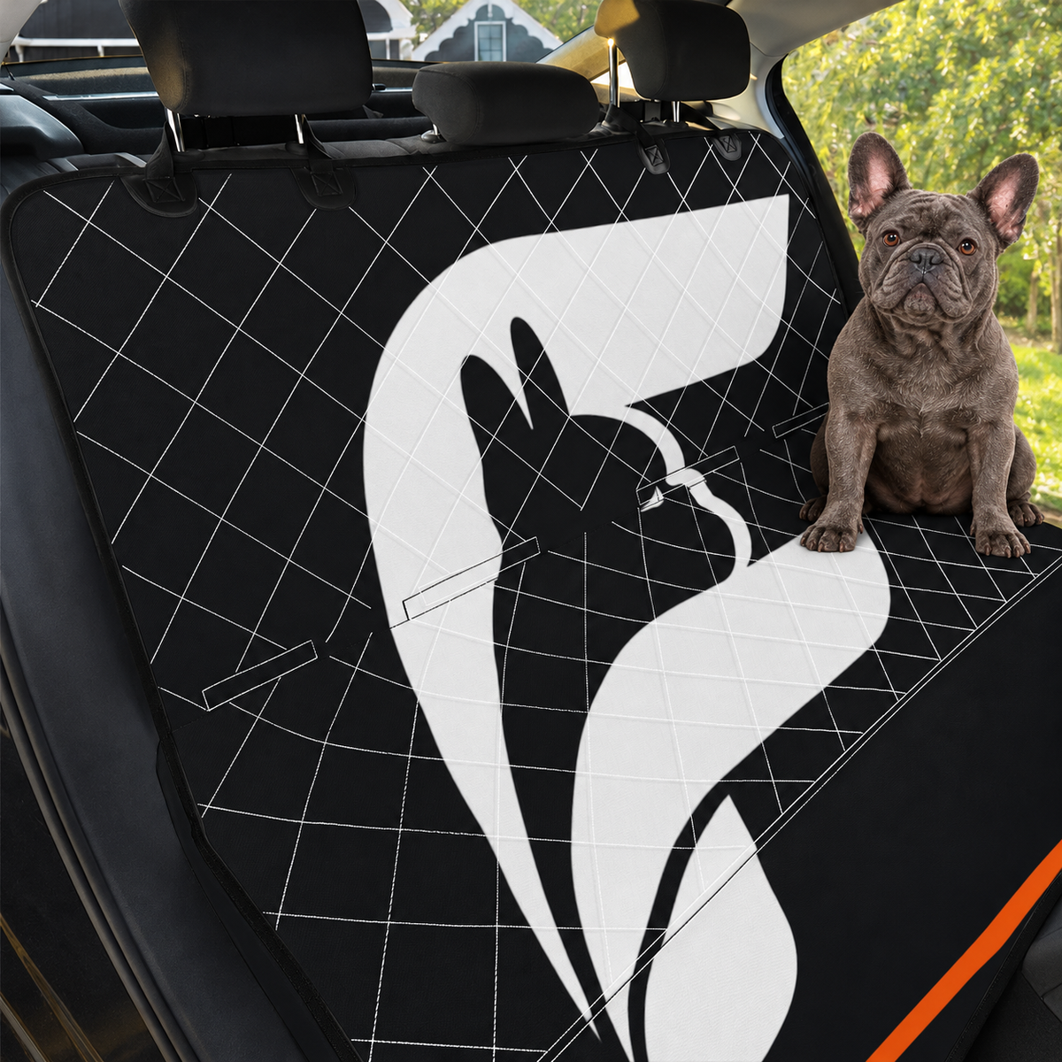 Charcoal Signature Frenchie dog car seat cover with oversized white F logo, orange accent and blue-gray French Bulldog