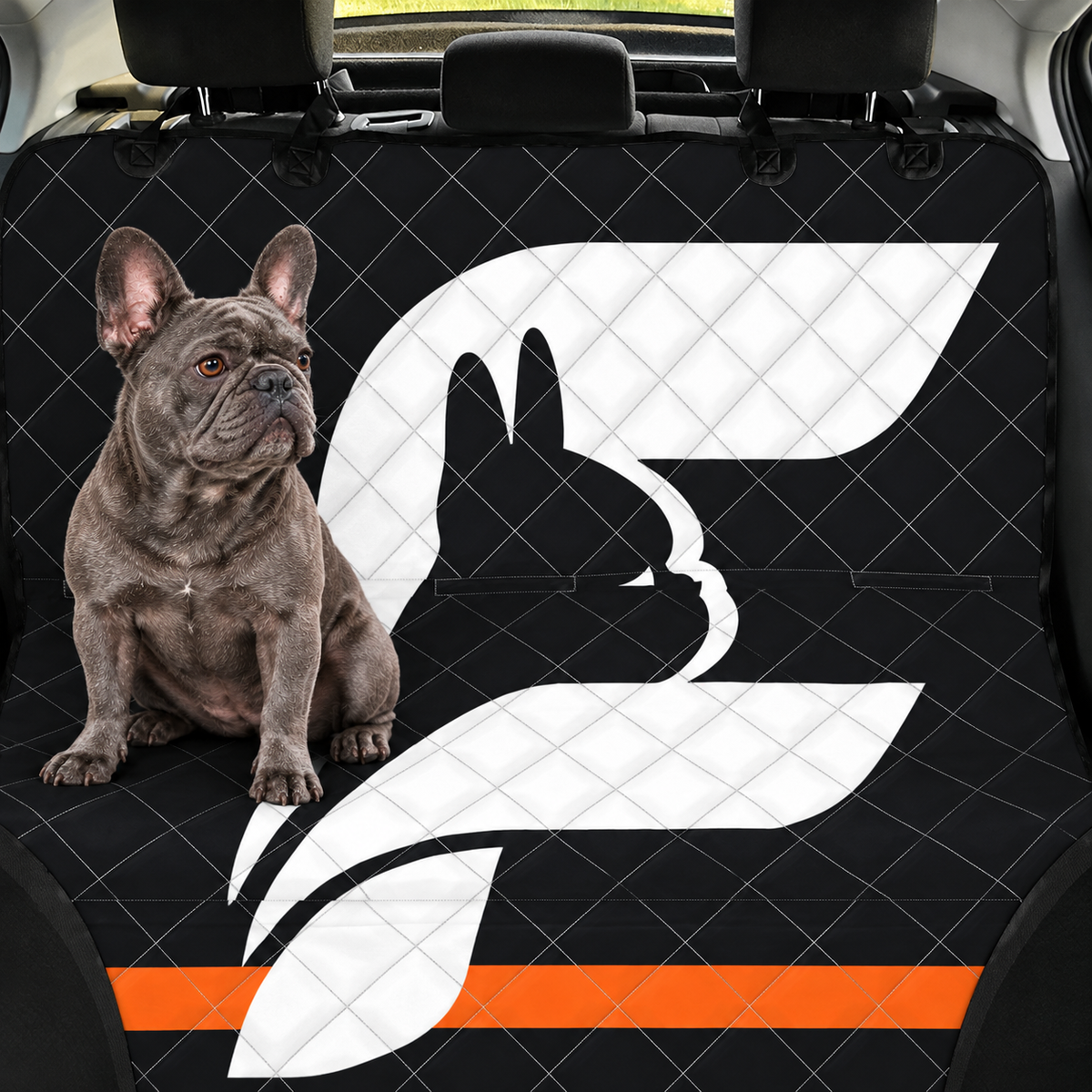 Charcoal Signature Frenchie dog car seat cover with oversized white F logo, orange accent and blue-gray French Bulldog