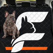 Charcoal Signature Frenchie dog car seat cover with oversized white F logo, orange accent and blue-gray French Bulldog