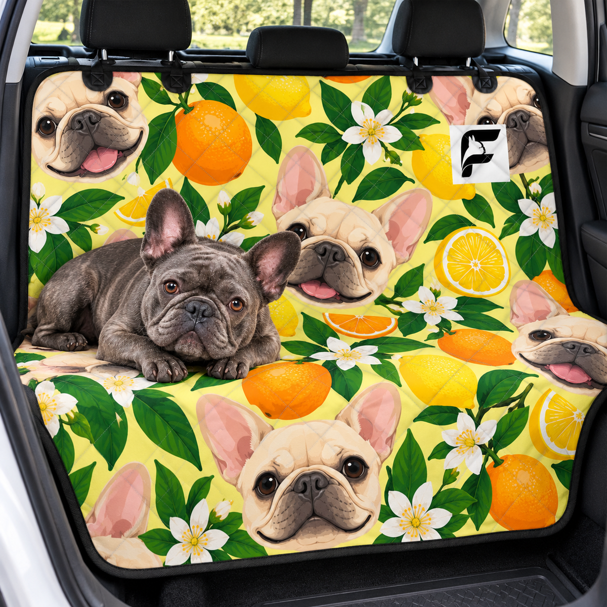 Citrus Frenchie Picnic Frenchie-pattern car seat protector installed across rear bench with French Bulldog