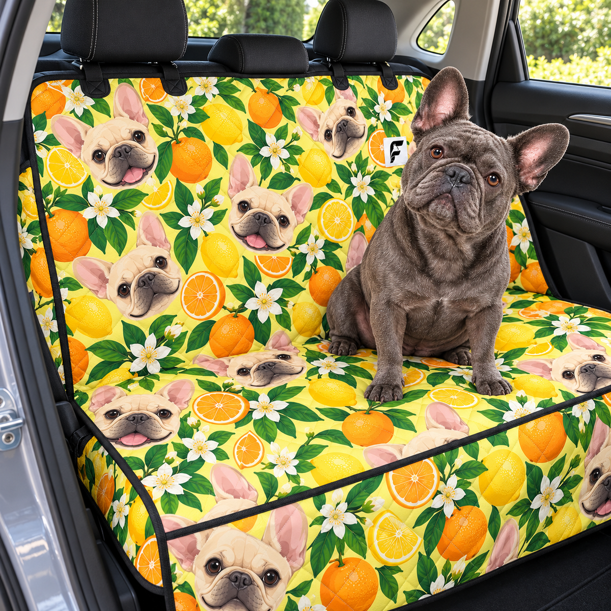 Citrus Frenchie Picnic patterned dog car seat cover with French Bulldog model on a rear bench