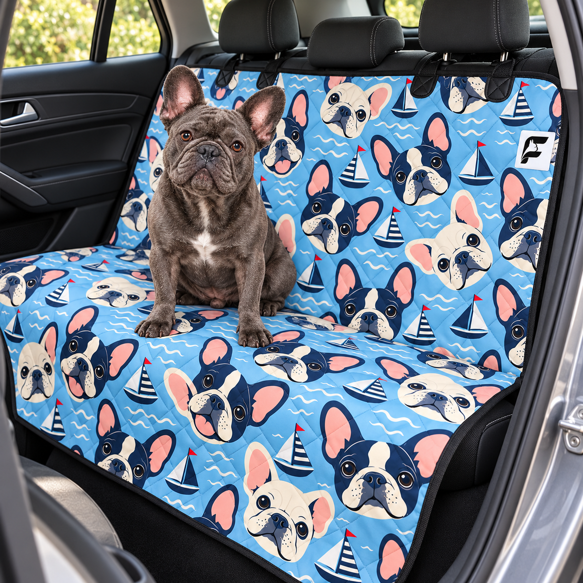 Coastal Frenchie Club patterned dog car seat cover with French Bulldog model on a rear bench