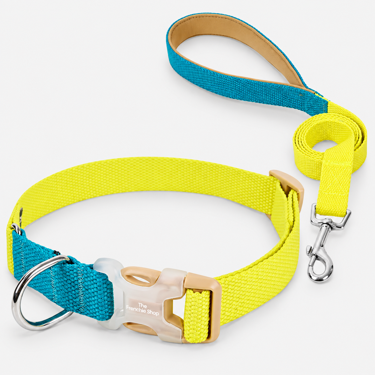 Colorblock French Bulldog Harness & Collar Walking Sets — Blue Yellow Collar Set product photo