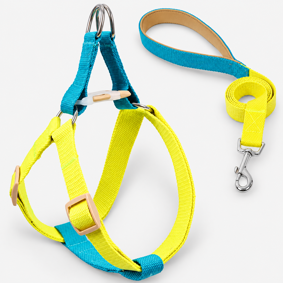 Colorblock French Bulldog Harness & Collar Walking Sets — Blue Yellow Harness Set product photo