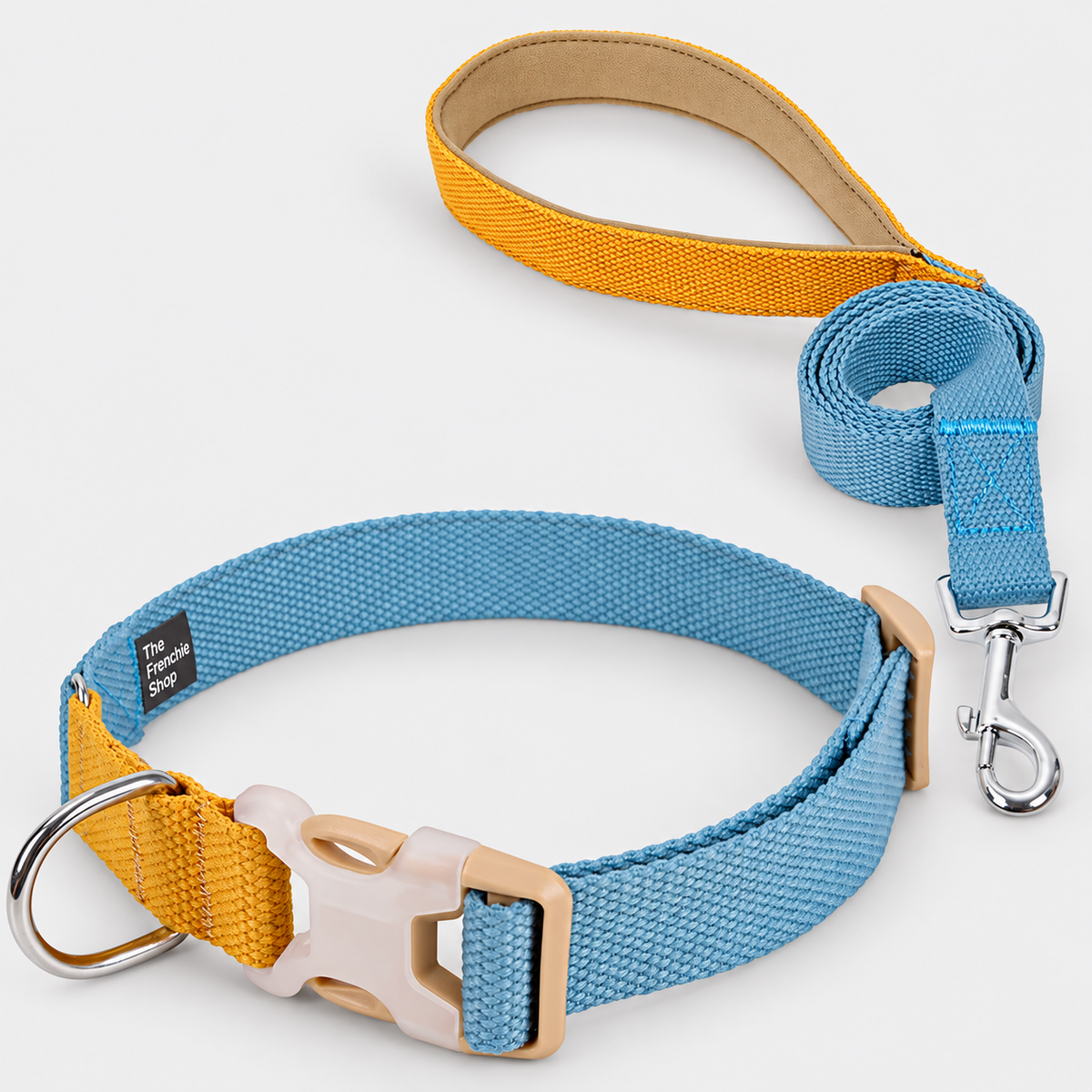 Colorblock French Bulldog Harness & Collar Walking Sets — Brown Blue Collar Set product photo