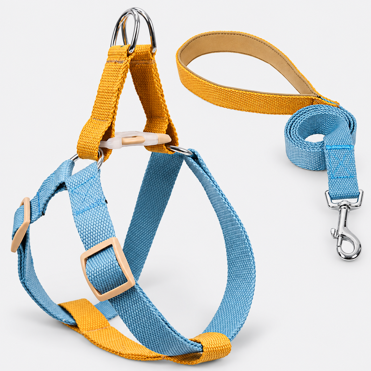 Colorblock French Bulldog Harness & Collar Walking Sets — Brown Blue Harness Set product photo