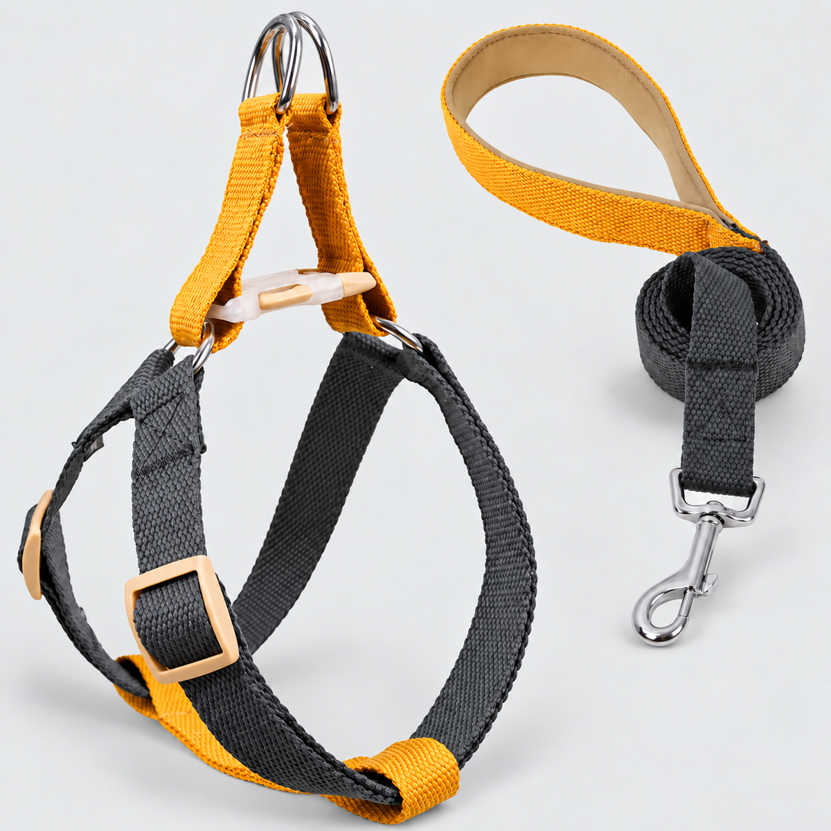 Colorblock French Bulldog Harness & Collar Walking Sets — Brown Grey Harness Set product photo
