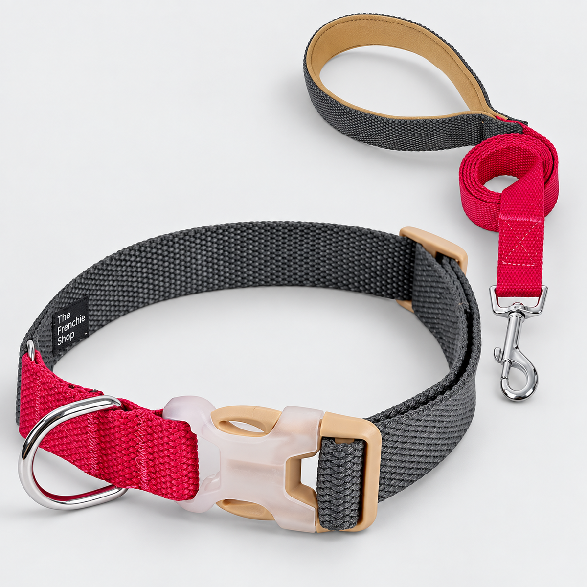 Colorblock French Bulldog Harness & Collar Walking Sets — Burgundy Grey Collar Set product photo