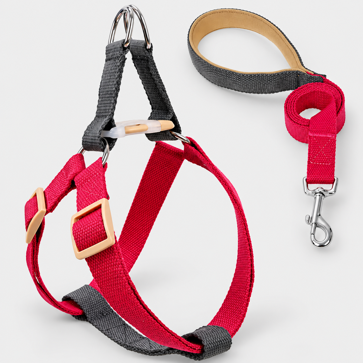 Colorblock French Bulldog Harness & Collar Walking Sets — Burgundy Grey Harness Set product photo