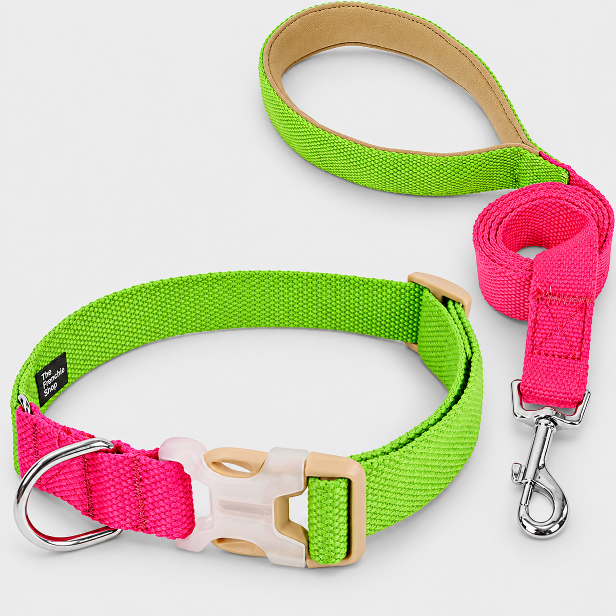 Colorblock French Bulldog Harness & Collar Walking Sets — Green Magenta Collar Set product photo