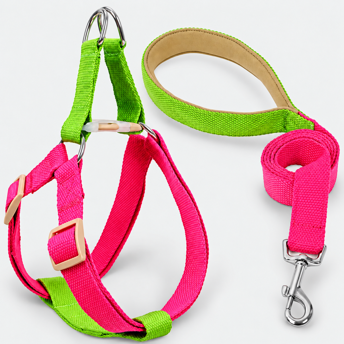 Colorblock French Bulldog Harness & Collar Walking Sets — Green Magenta Harness Set product photo