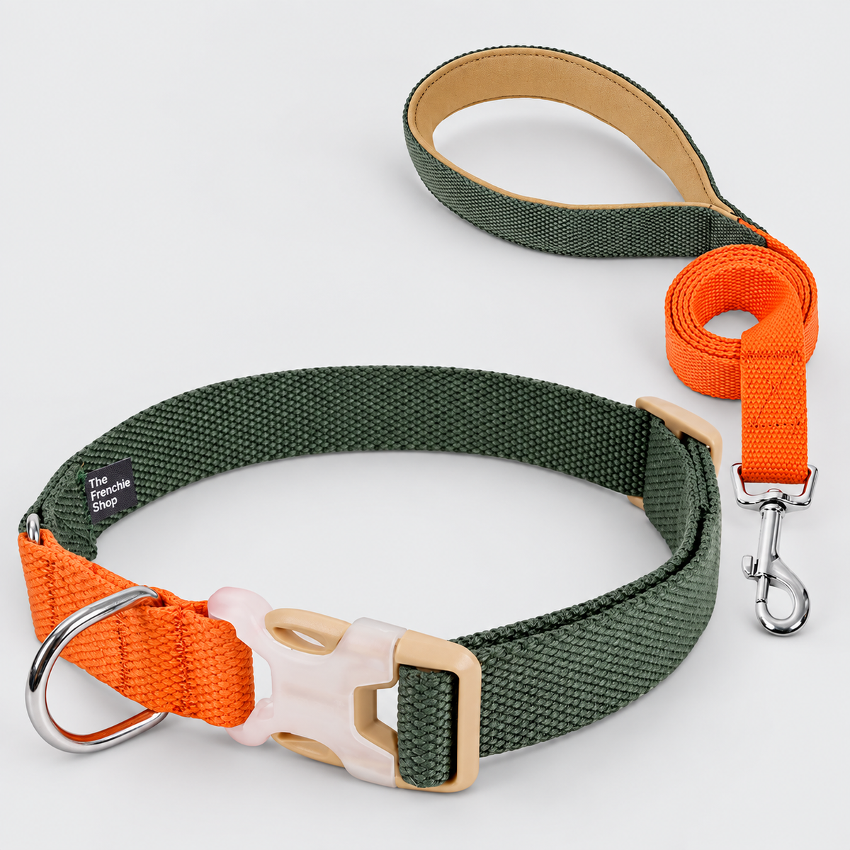 Colorblock French Bulldog Harness & Collar Walking Sets — Green Orange Collar Set product photo