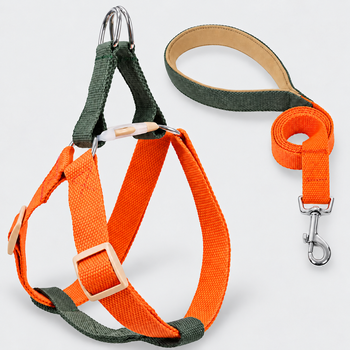 Colorblock French Bulldog Harness & Collar Walking Sets — Green Orange Harness Set product photo