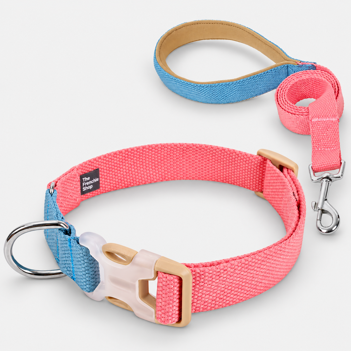 Colorblock French Bulldog Harness & Collar Walking Sets — Pink Blue Collar Set product photo