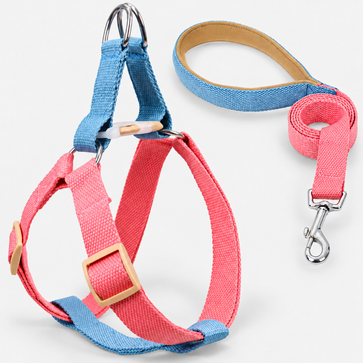 Colorblock French Bulldog Harness & Collar Walking Sets — Pink Blue Harness Set product photo