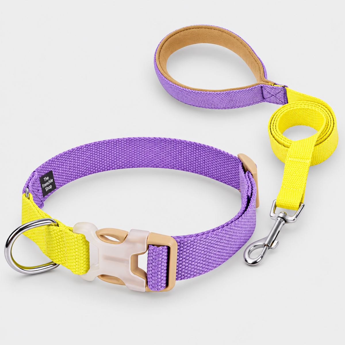 Colorblock French Bulldog Harness & Collar Walking Sets — Purple Yellow Collar Set product photo
