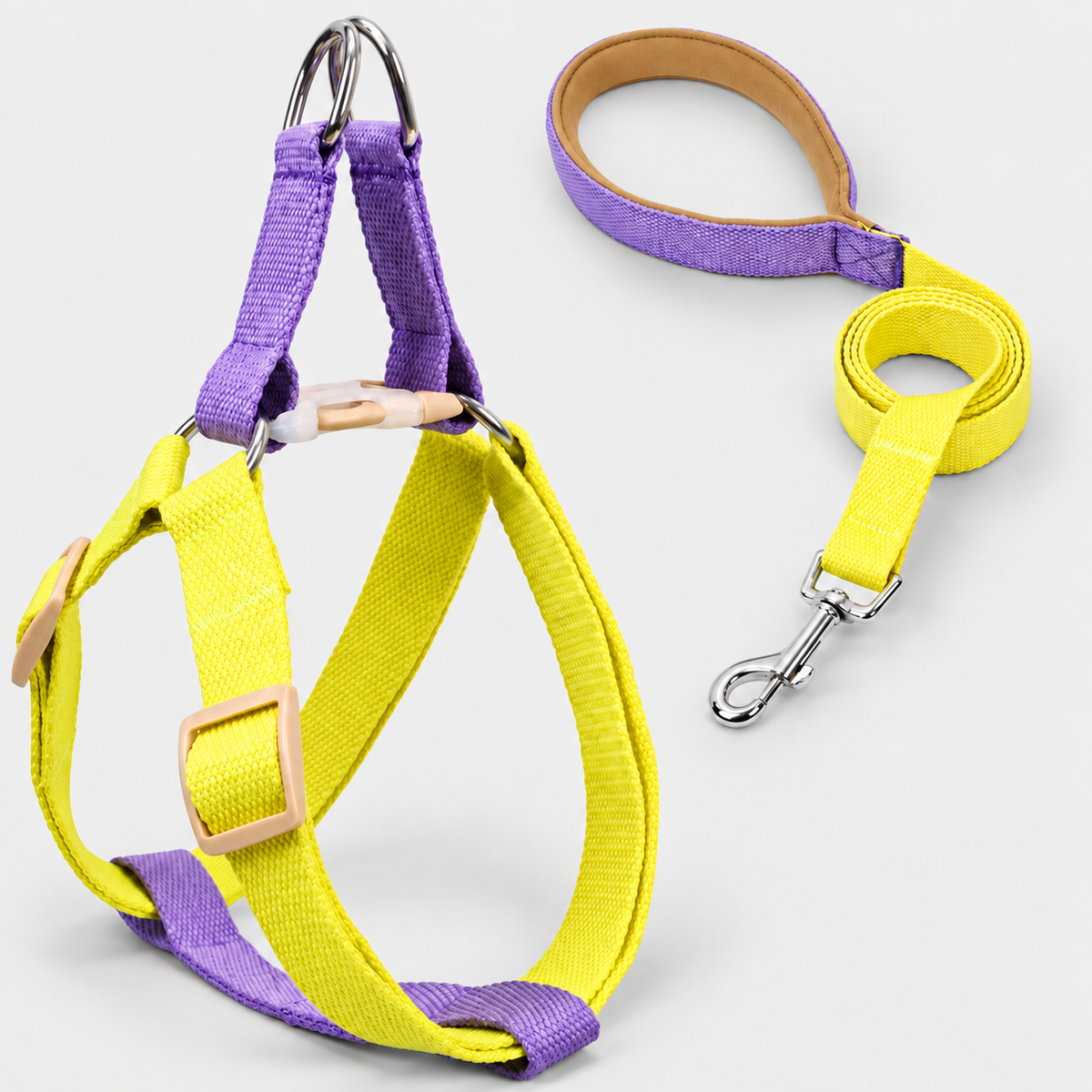Colorblock French Bulldog Harness & Collar Walking Sets — Purple Yellow Harness Set product photo