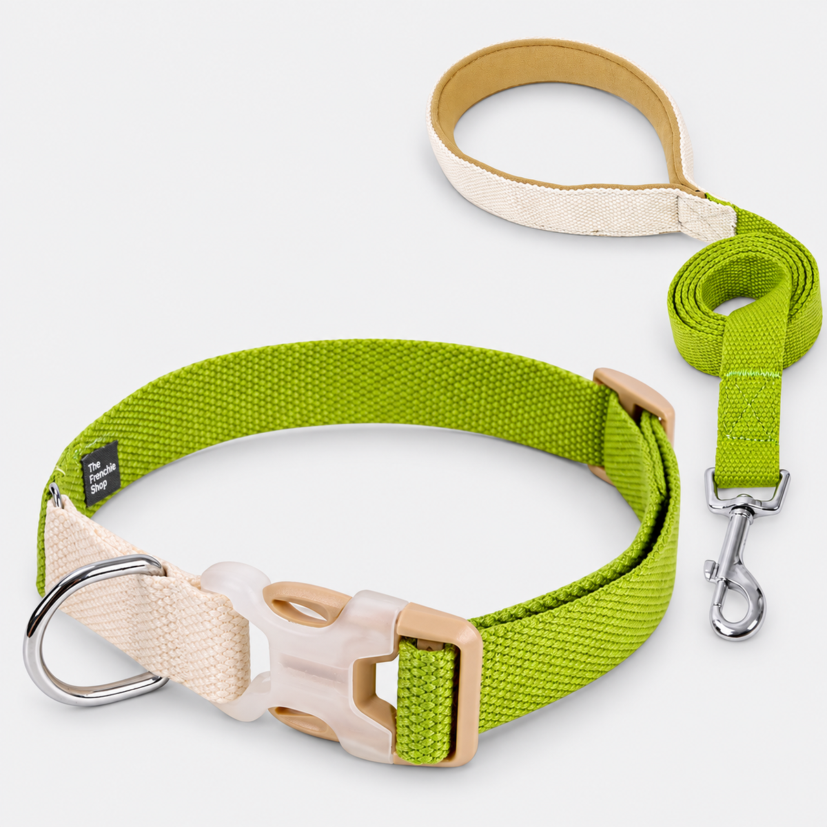 Colorblock French Bulldog Harness & Collar Walking Sets — White Green Collar Set product photo