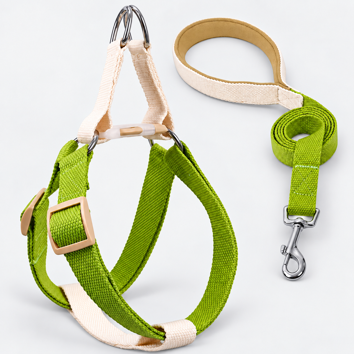 Colorblock French Bulldog Harness & Collar Walking Sets — White Green Harness Set product photo