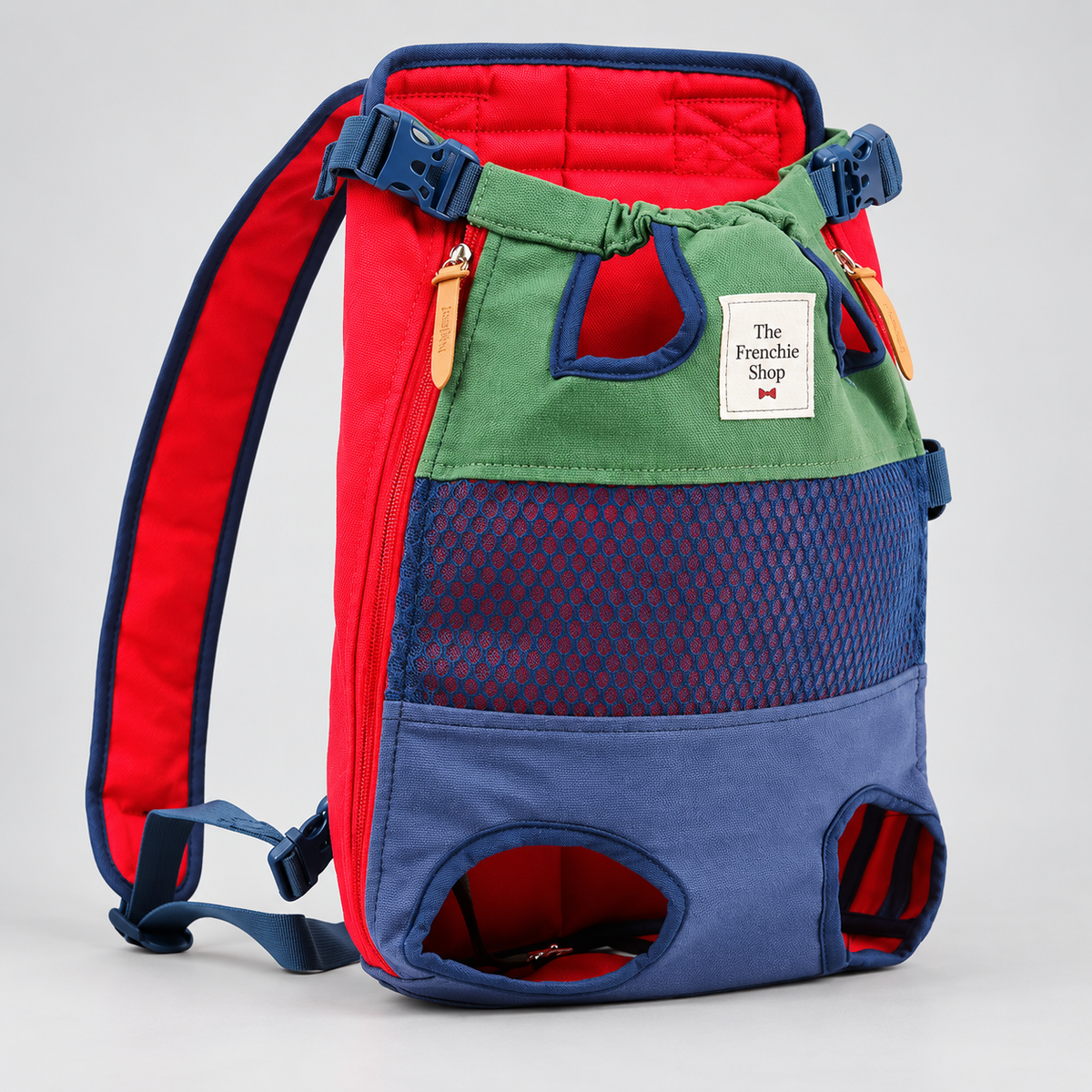 Colorblock Front French Bulldog Backpack Carrier — Green Blue studio photo