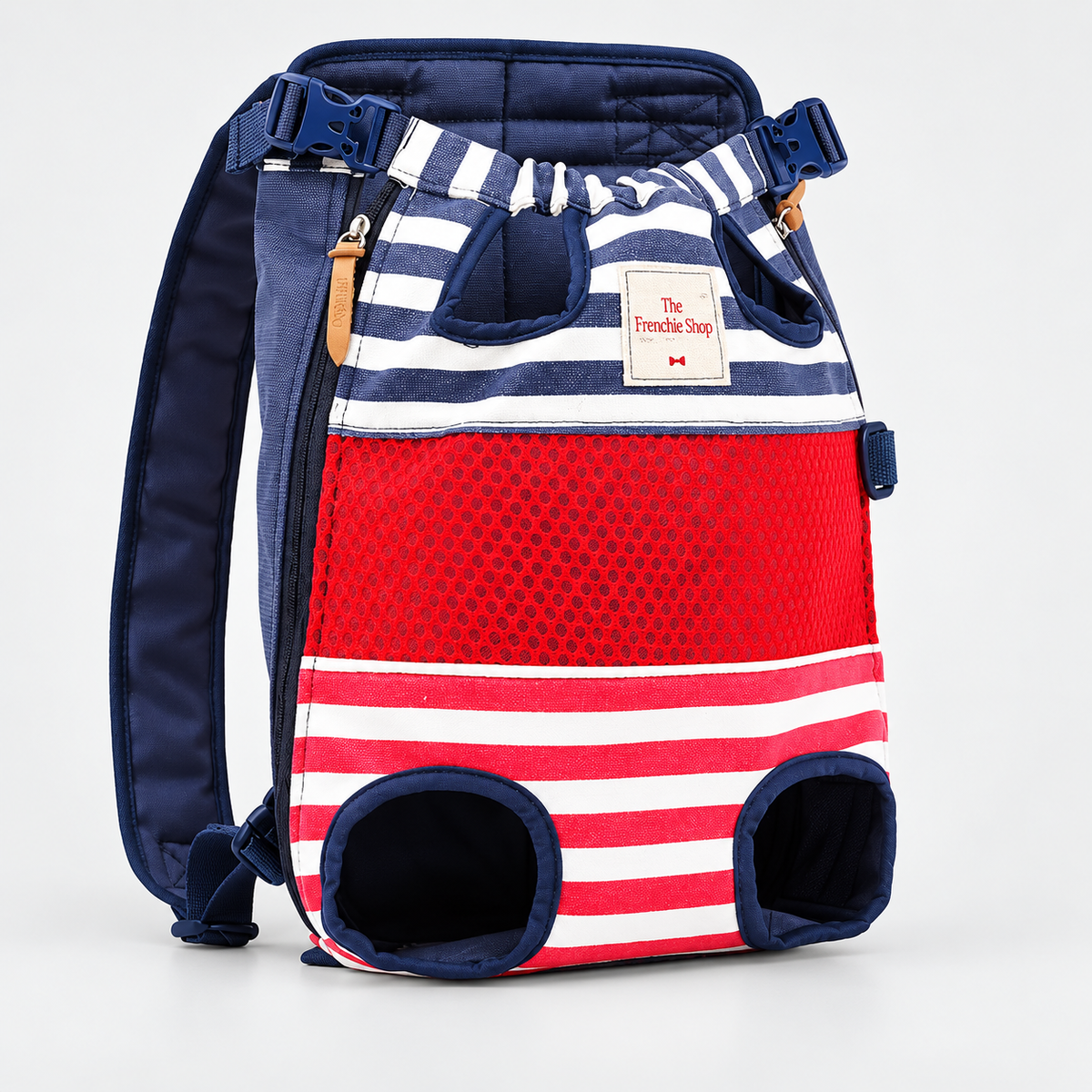 Colorblock Front French Bulldog Backpack Carrier — Red Blue Stripe product photo