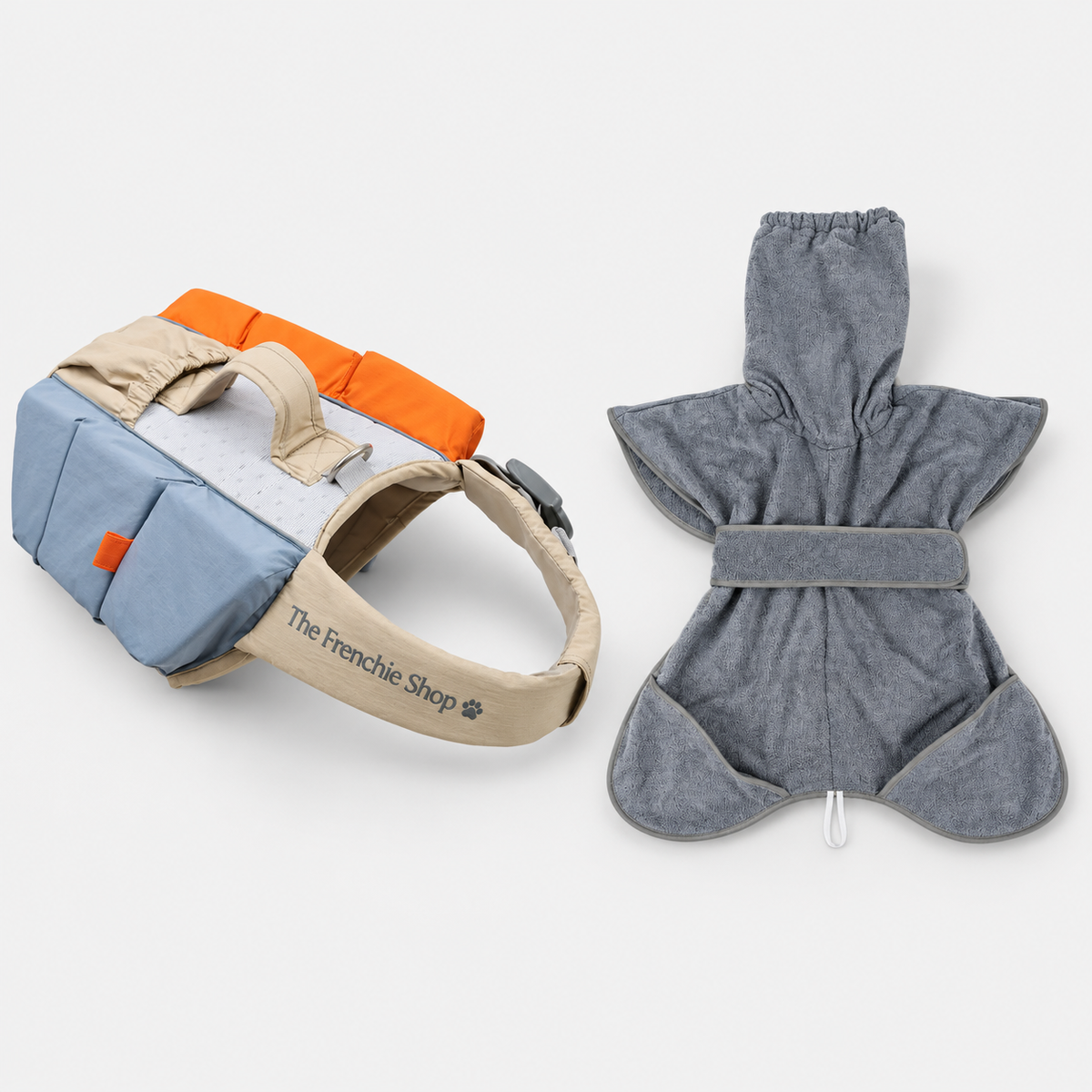 Colourblock French Bulldog Life Jacket — Blue / Orange + Grey Towel product photo