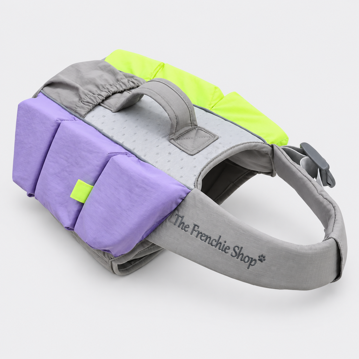 Colourblock French Bulldog Life Jacket — Neon Yellow / Purple product photo