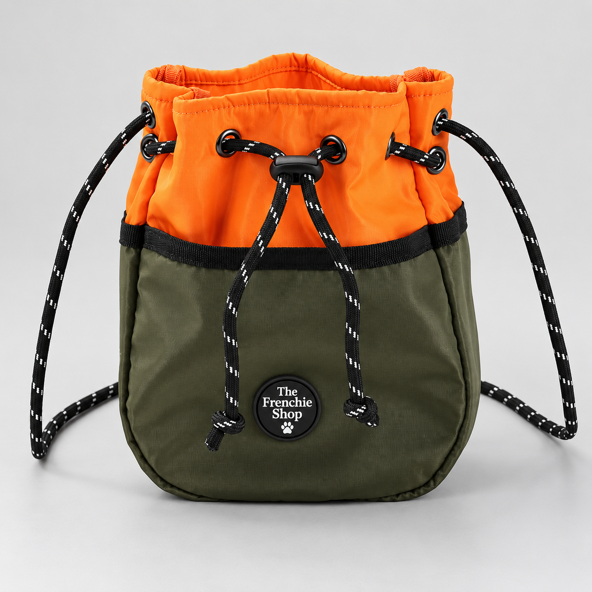 Colourblock French Bulldog Training Treat Bag — Olive / Orange studio photo