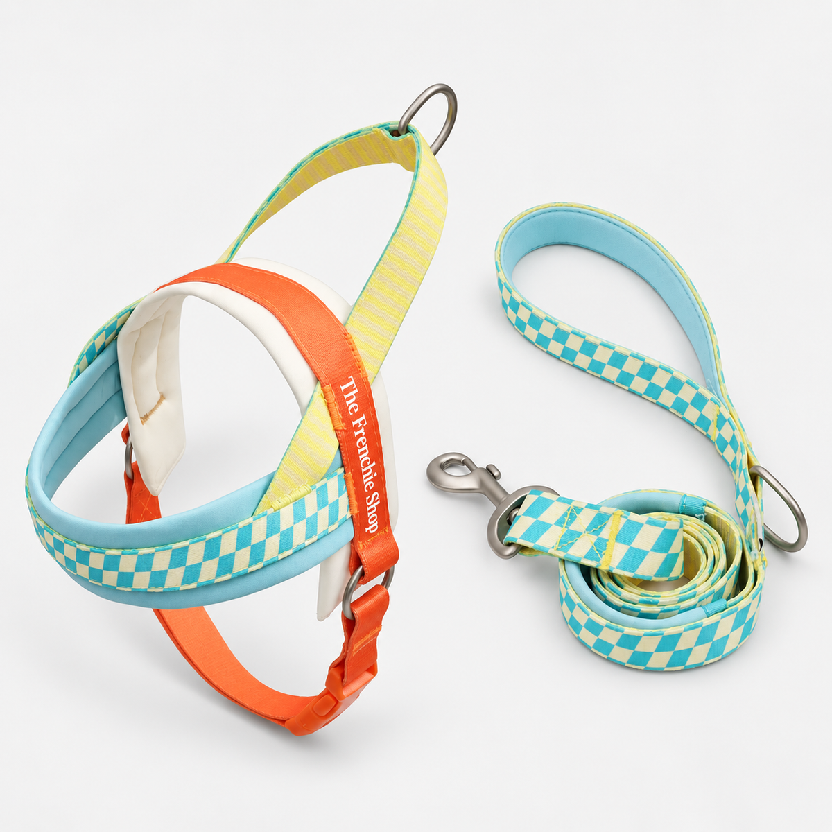 Colourblock Saddle French Bulldog Harness & Leash Set — Blue Yellow Orange product photo