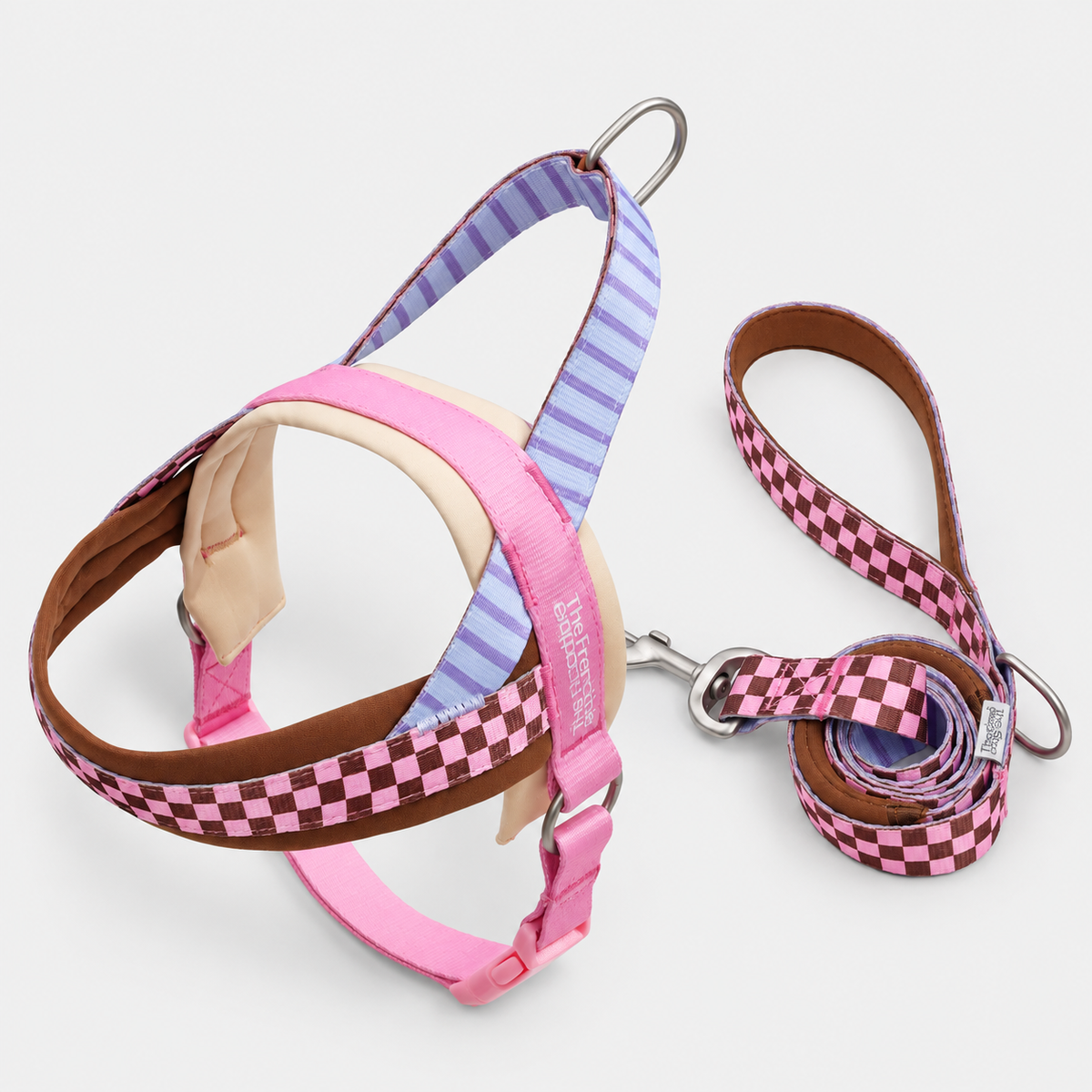 Colourblock Saddle French Bulldog Harness & Leash Set — Brown Purple Pink product photo