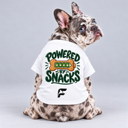 Powered by Snacks cotton dog T-shirt, back view on our Frenchie model with signature logo