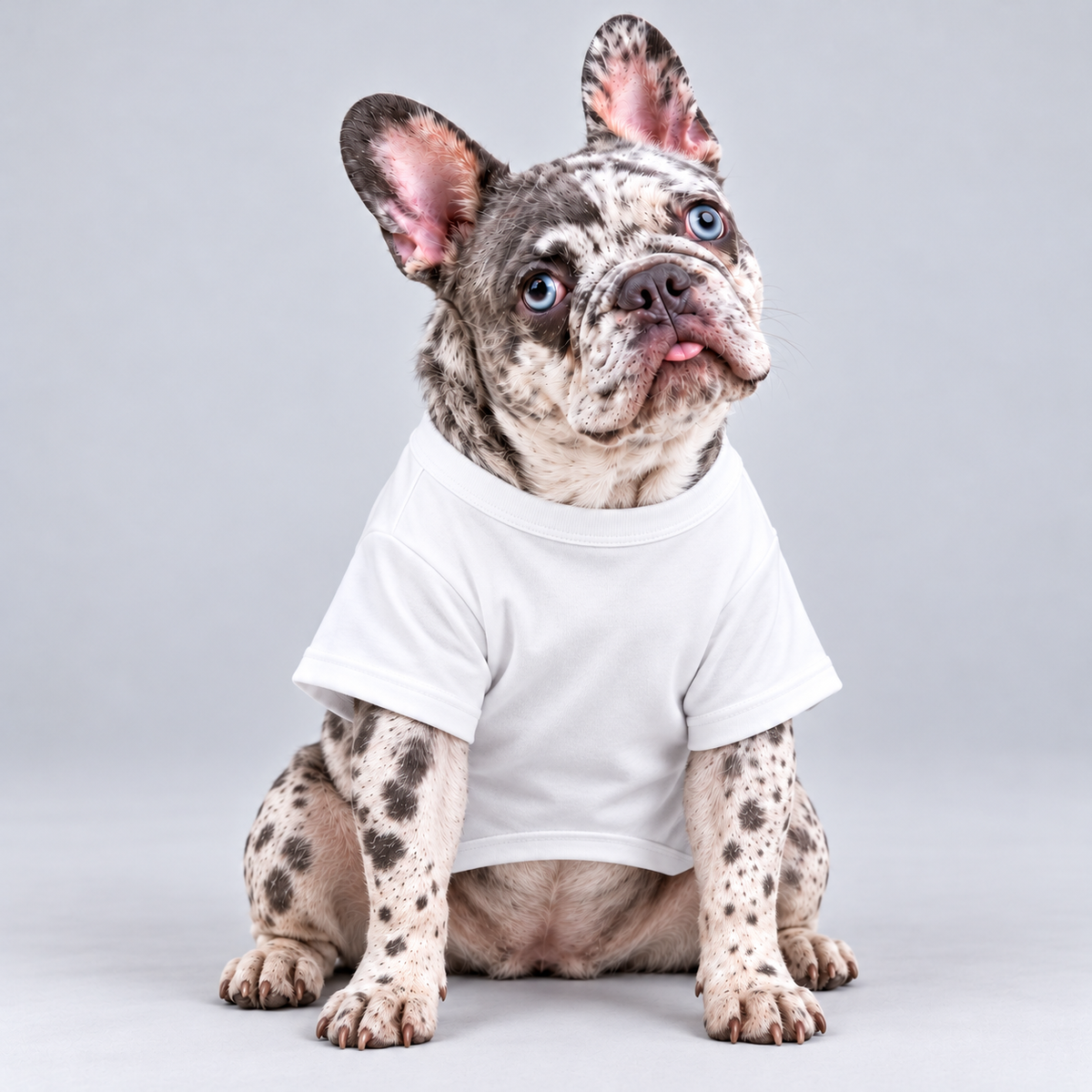 Powered by Snacks cotton dog T-shirt, plain front view on our Frenchie model