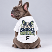 Snooze Control cotton dog T-shirt, back view on our Frenchie model with signature logo